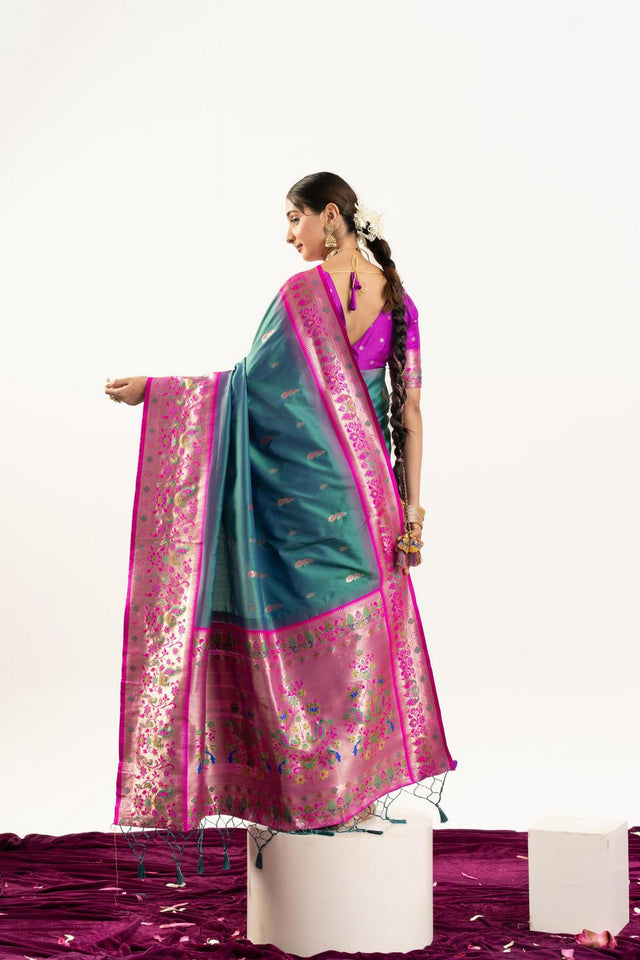 Turquoise Paithani Woven Banarasi Silk Saree (ACA7297)
