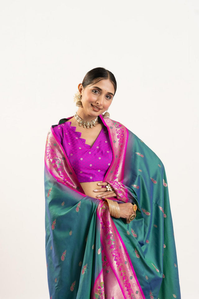 Turquoise Paithani Woven Banarasi Silk Saree (ACA7297)