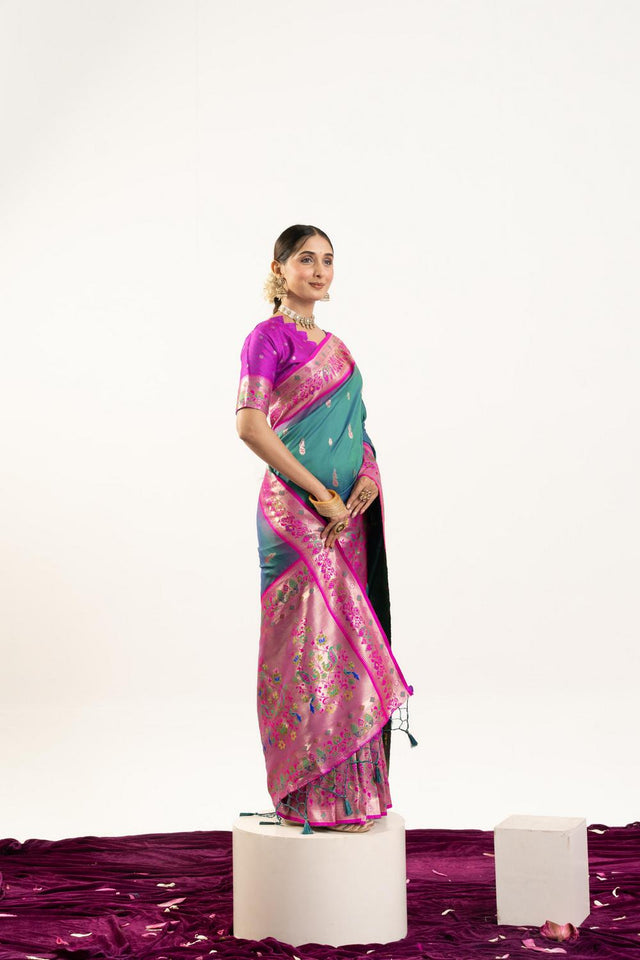 Turquoise Paithani Woven Banarasi Silk Saree (ACA7297)