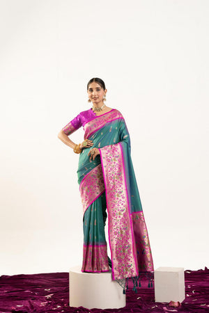 Turquoise Paithani Woven Banarasi Silk Saree (ACA7297)