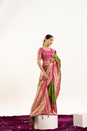 Mehendi Paithani Woven Banarasi Silk Saree (ACA7298)
