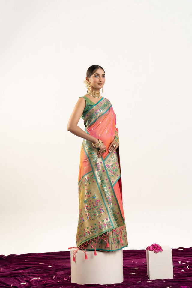 Peach Paithani Woven Banarasi Silk Saree (ACA7299)