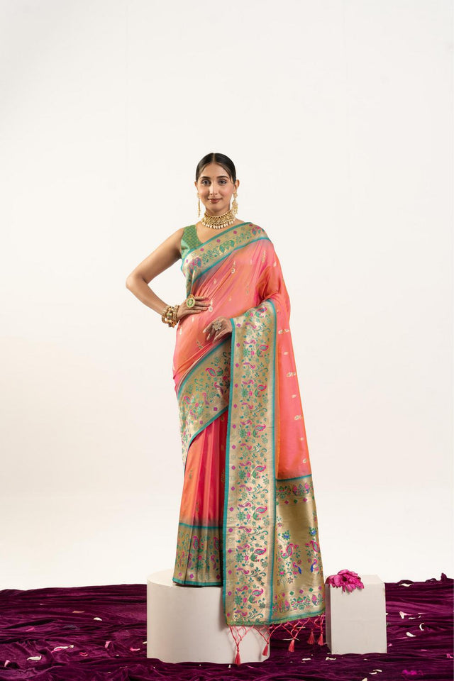 Peach Paithani Woven Banarasi Silk Saree (ACA7299)
