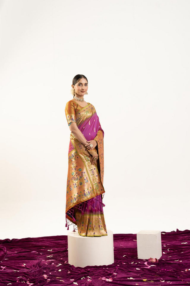 Wine Paithani Woven Banarasi Silk Saree (ACA7302)