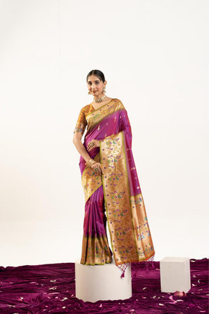 Wine Paithani Woven Banarasi Silk Saree (ACA7302)