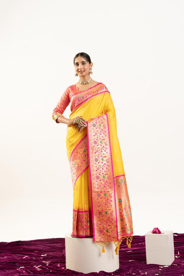 Yellow Paithani Woven Banarasi Silk Saree (ACA7303)