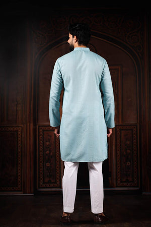 Mens Blue Embroidered Cotton Kurta Set (ACA7304)
