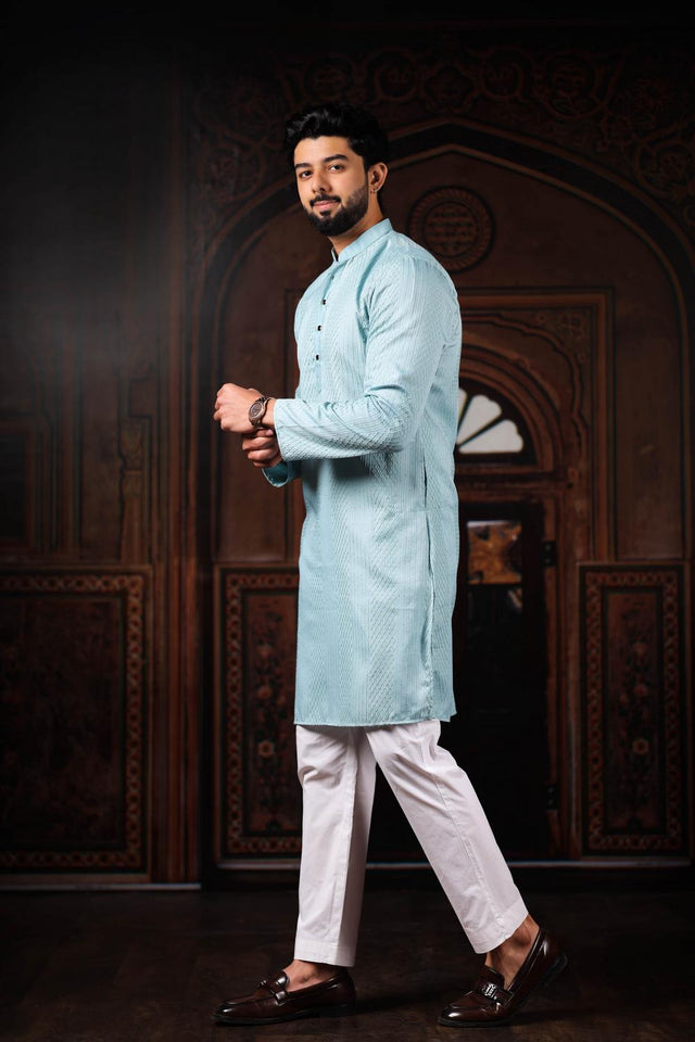 Mens Blue Embroidered Cotton Kurta Set (ACA7304)
