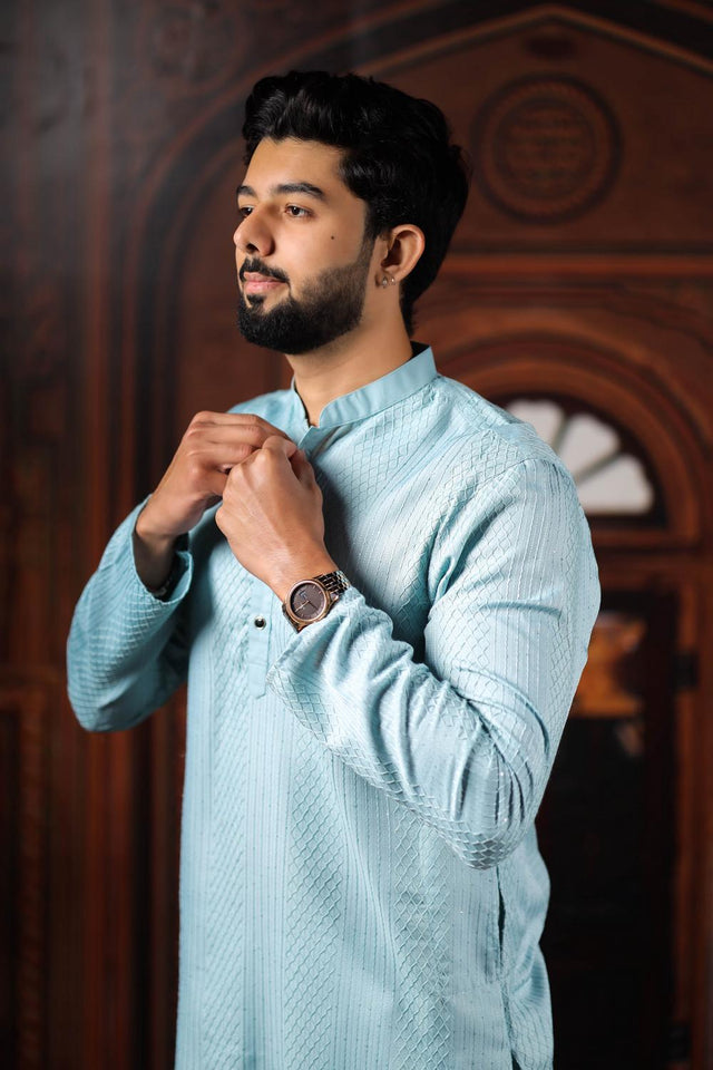 Mens Blue Embroidered Cotton Kurta Set (ACA7304)