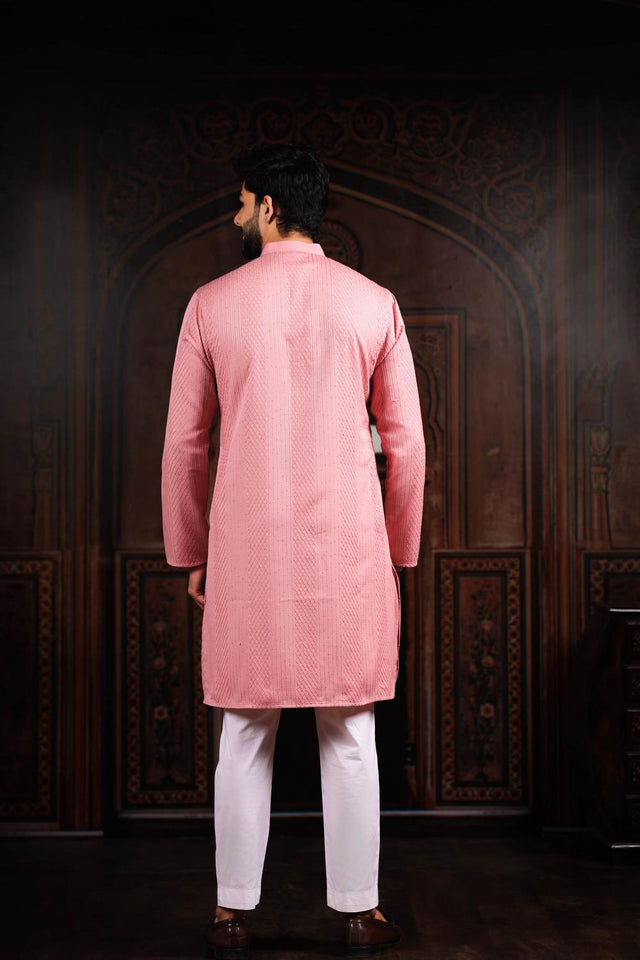 Mens Pink Embroidered Cotton Kurta Set (ACA7305)