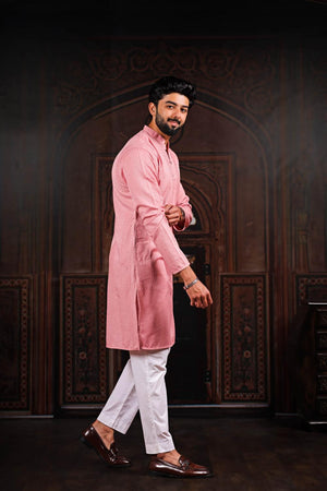 Mens Pink Embroidered Cotton Kurta Set (ACA7305)