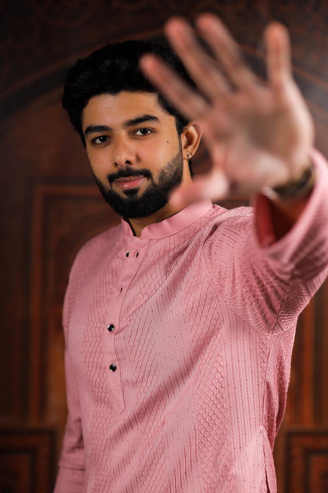 Mens Pink Embroidered Cotton Kurta Set (ACA7305)