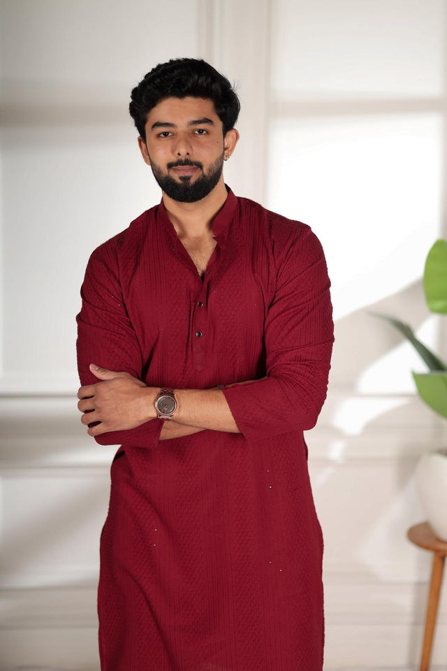 Mens Maroon Embroidered Cotton Kurta Set (ACA7306)