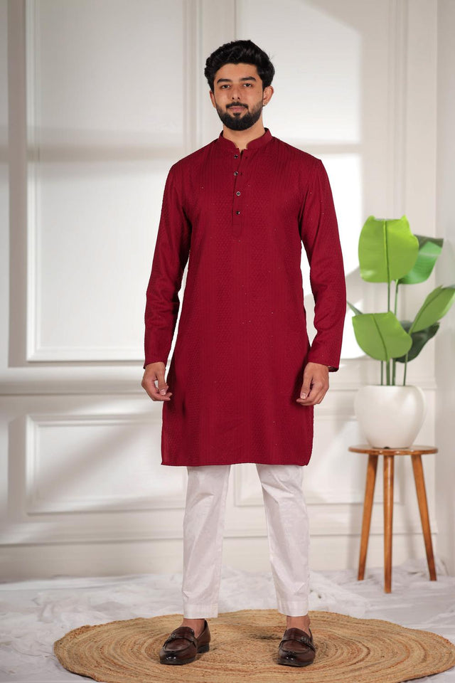 Mens Maroon Embroidered Cotton Kurta Set (ACA7306)