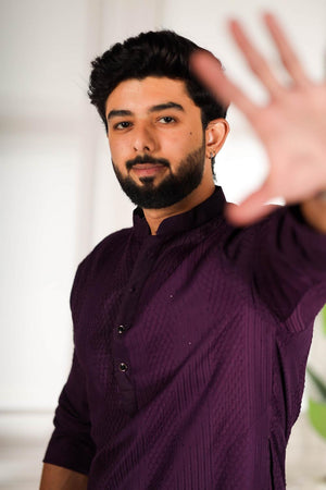Mens Violet Embroidered Cotton Kurta Set (ACA7307)