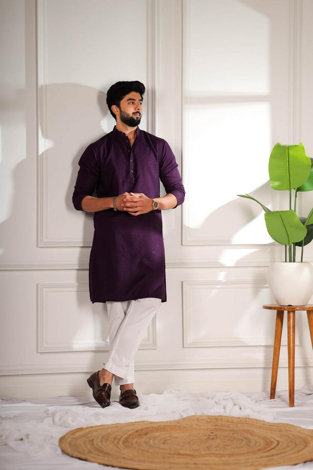 Mens Violet Embroidered Cotton Kurta Set (ACA7307)