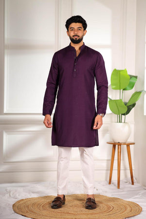 Mens Violet Embroidered Cotton Kurta Set (ACA7307)
