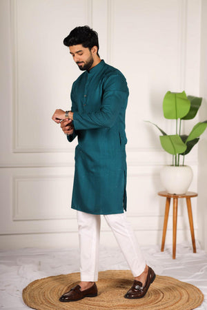 Mens Turquoise Embroidered Cotton Kurta Set (ACA7308)