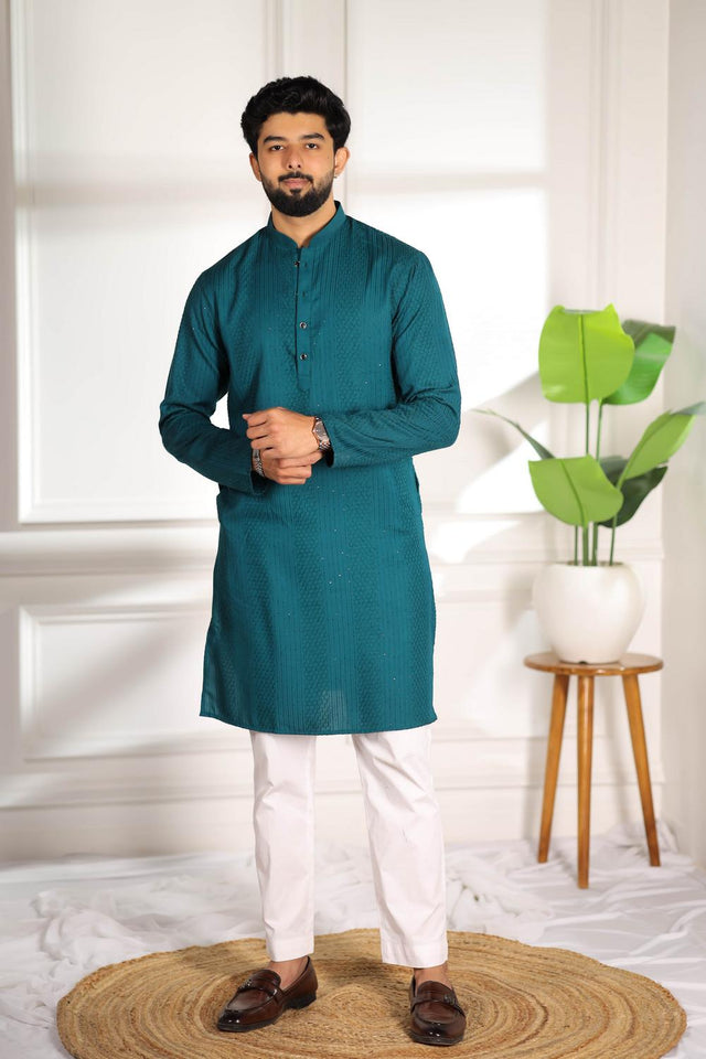 Mens Turquoise Embroidered Cotton Kurta Set (ACA7308)