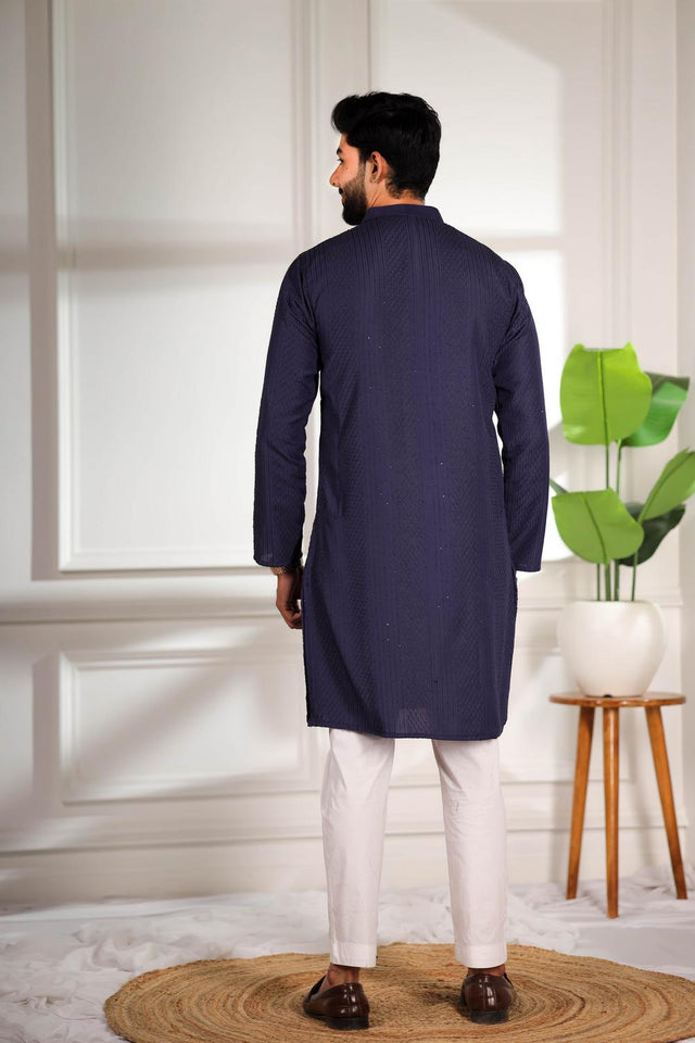 Mens Navy Blue Embroidered Cotton Kurta Set (ACA7309)