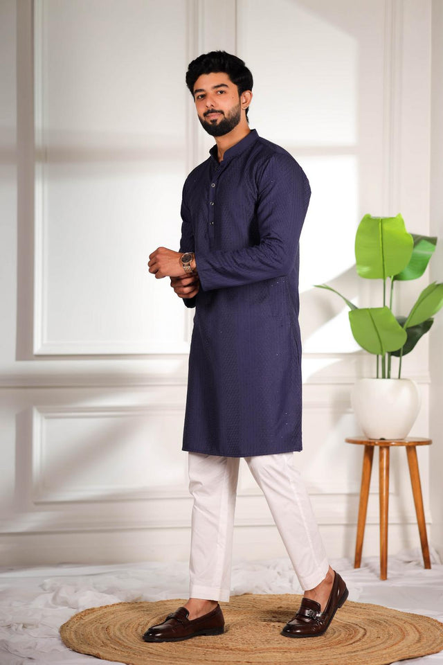 Mens Navy Blue Embroidered Cotton Kurta Set (ACA7309)