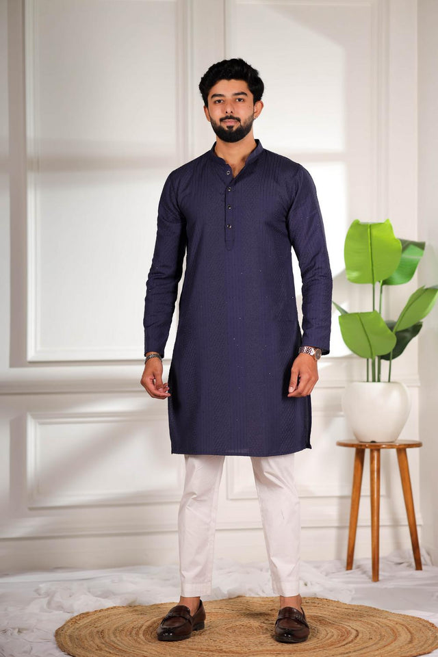 Mens Navy Blue Embroidered Cotton Kurta Set (ACA7309)