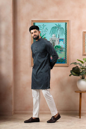 Mens Grey Woven Cotton Kurta Set (ACA7310)