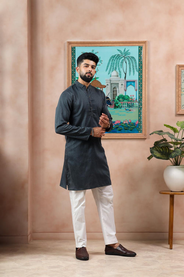 Mens Grey Woven Cotton Kurta Set (ACA7310)