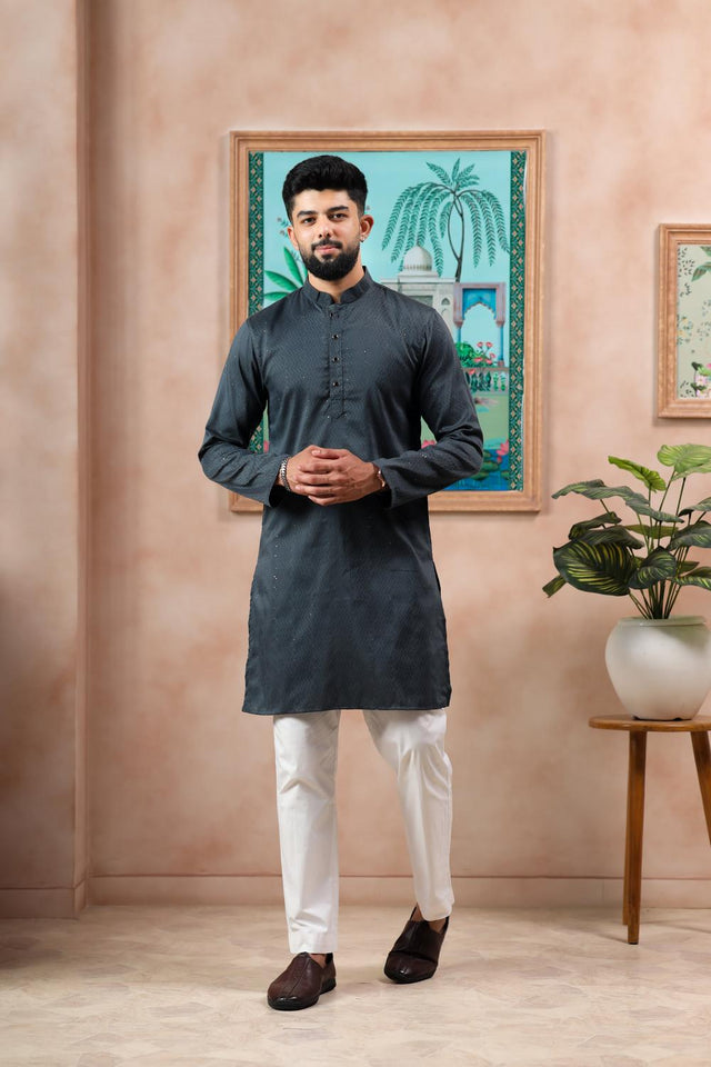 Mens Grey Woven Cotton Kurta Set (ACA7310)