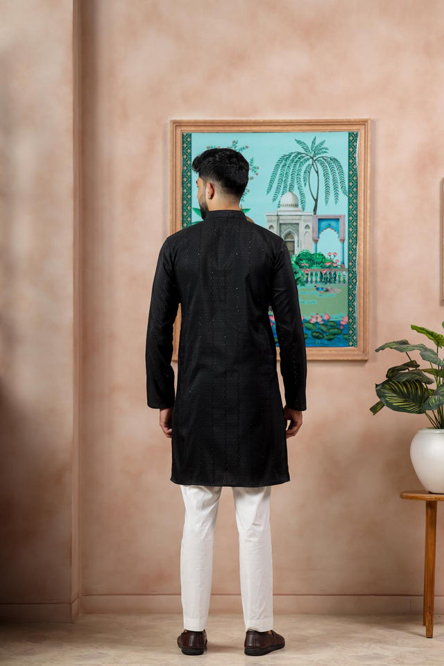 Mens Black Woven Cotton Kurta Set (ACA7311)