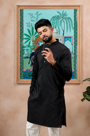 Mens Black Woven Cotton Kurta Set (ACA7311)