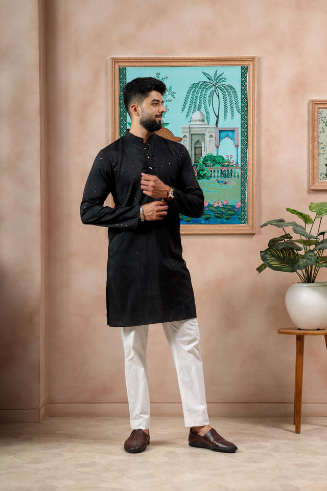 Mens Black Woven Cotton Kurta Set (ACA7311)