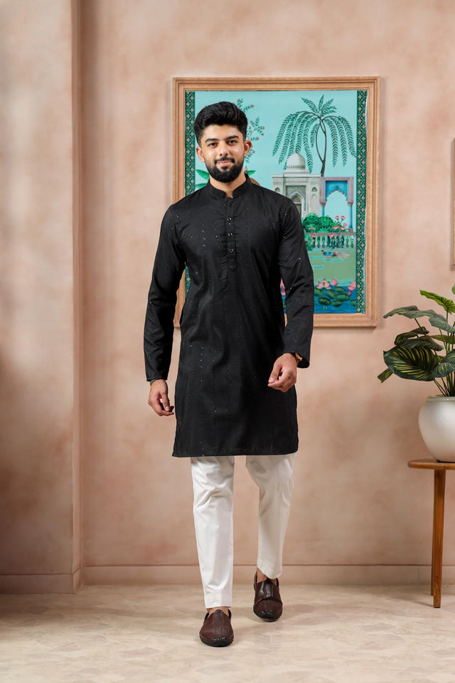 Mens Black Woven Cotton Kurta Set (ACA7311)