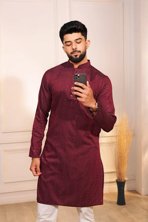 Mens Maroon Woven Cotton Kurta Set (ACA7312)