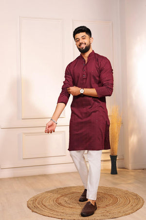 Mens Maroon Woven Cotton Kurta Set (ACA7312)