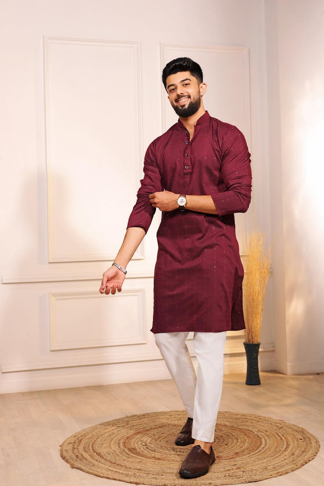 Mens Maroon Woven Cotton Kurta Set (ACA7312)