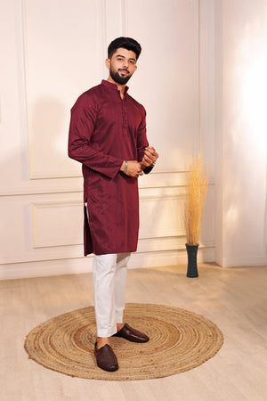 Mens Maroon Woven Cotton Kurta Set (ACA7312)
