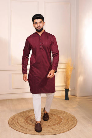 Mens Maroon Woven Cotton Kurta Set (ACA7312)