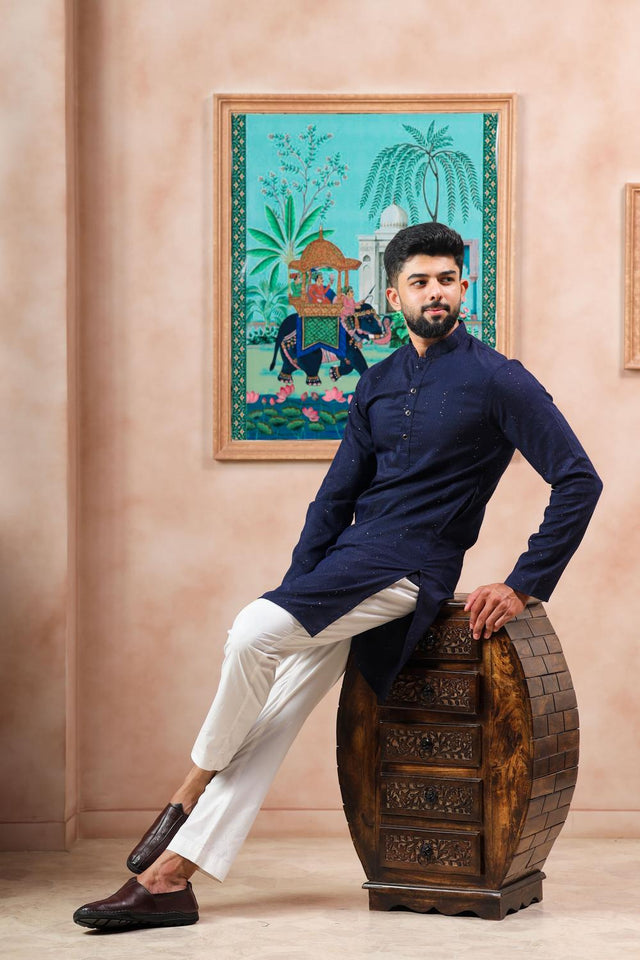 Mens Blue Woven Cotton Kurta Set (ACA7313)