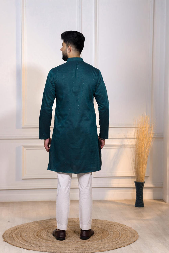 Mens Turquoise Woven Cotton Kurta Set (ACA7314)
