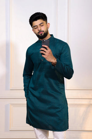 Mens Turquoise Woven Cotton Kurta Set (ACA7314)