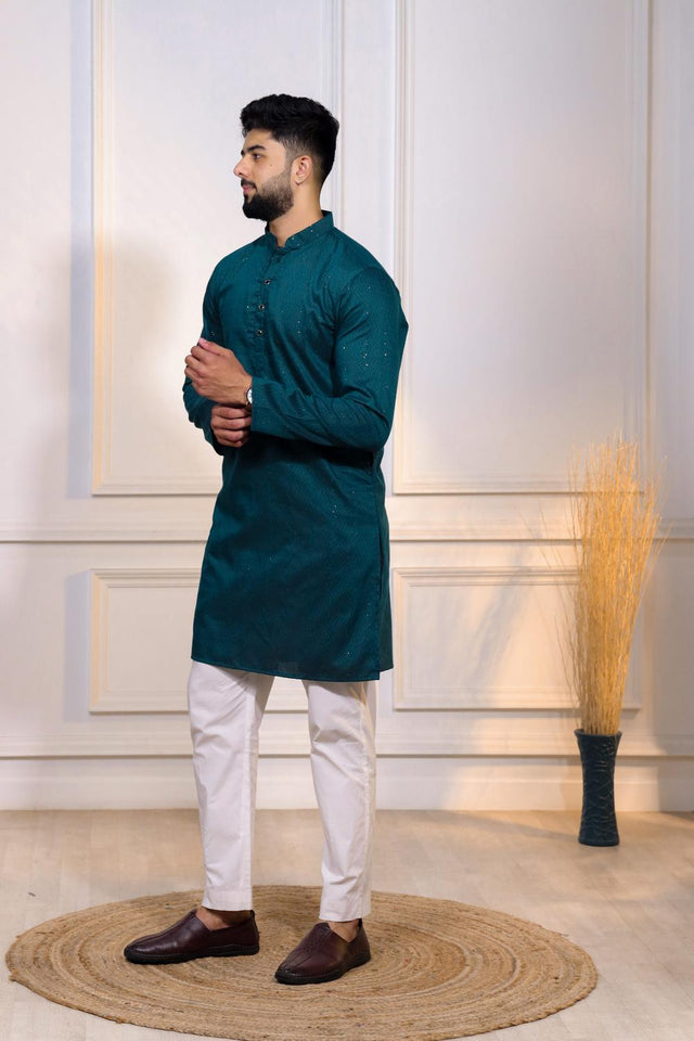 Mens Turquoise Woven Cotton Kurta Set (ACA7314)