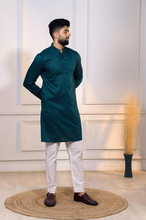 Mens Turquoise Woven Cotton Kurta Set (ACA7314)