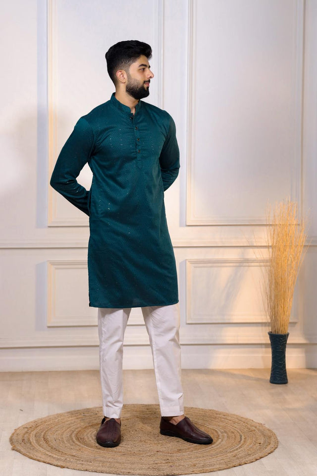 Mens Turquoise Woven Cotton Kurta Set (ACA7314)