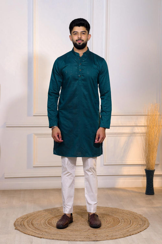 Mens Turquoise Woven Cotton Kurta Set (ACA7314)