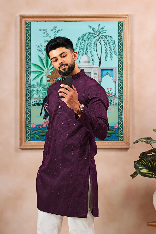 Mens Wine Woven Cotton Kurta Set (ACA7315)