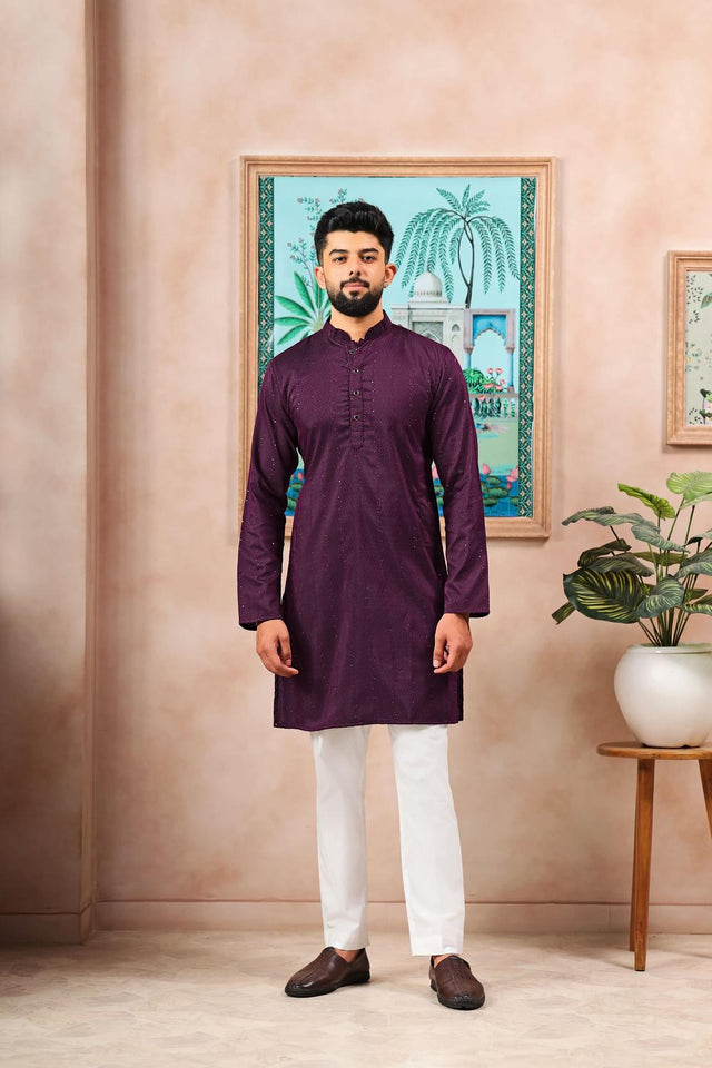 Mens Wine Woven Cotton Kurta Set (ACA7315)