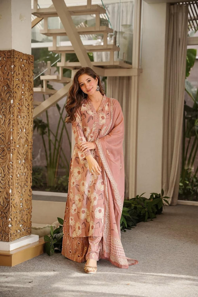 Pink Floral Printed Cotton Kurti Pant Set (ACA7316)