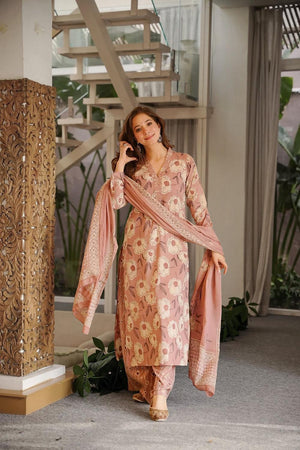 Pink Floral Printed Cotton Kurti Pant Set (ACA7316)
