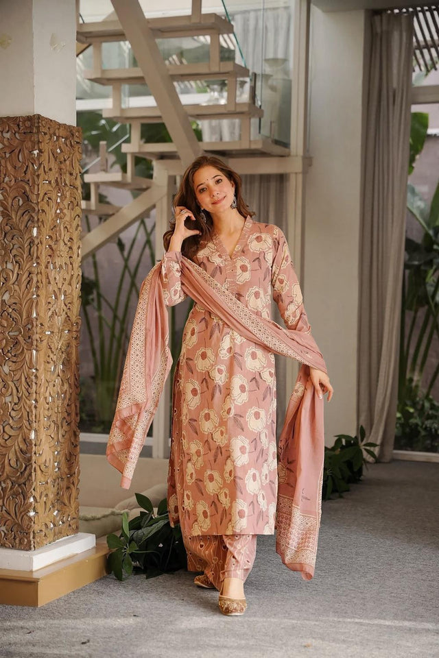 Pink Floral Printed Cotton Kurti Pant Set (ACA7316)
